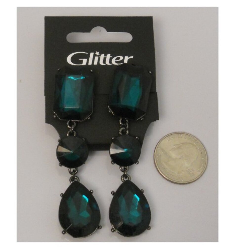 Women Fashion Drop Dangle Earrings Faux Emerald Green Gems Push Backs GLITTER
